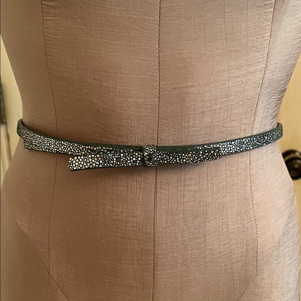 LODIS Party Metallic Confetti Modern Bow Accent Leather Olive Belt SZ L 39.5"